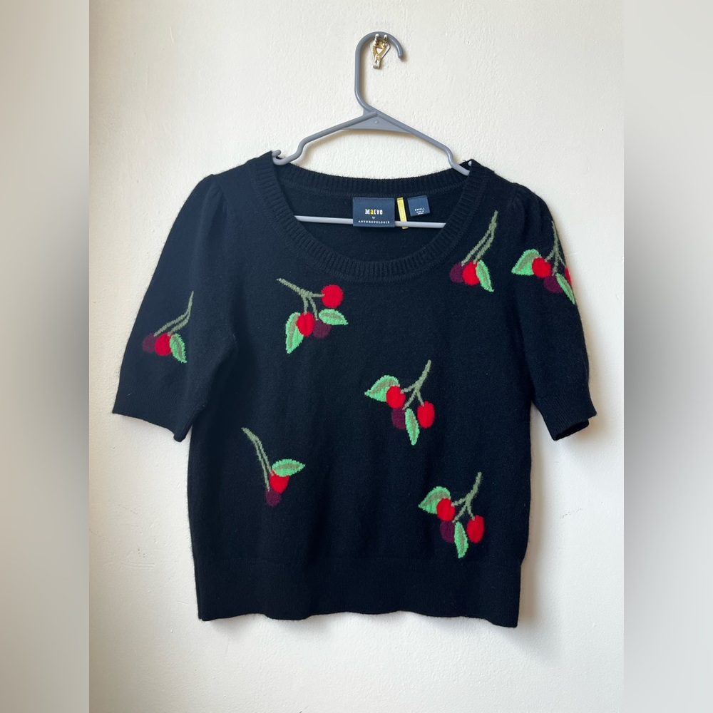 Maeve by Anthropologie Cherry Embroidered Black Puff Sleeve Sweater - Size Small
